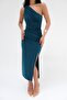 One Shoulder Draped Petrol Sandy Midi Dress - 4