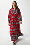 Modest Megan Red Turquoise Women's 100% Viscose Maxi Length Tiered Balloon Sleeve Long Summer Dress - 7