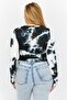 Women Round Neck Long Sleeve Tie-dye Top, Black - 2