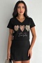 Women's Black V-Neck Heart Pattern Sequin Embroidered 100% Cotton T-Shirt - 6