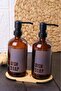 Set of 2 Amber Glass Liquid Soap Dispensers with Stand and Gray Label