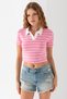 Women's Polo Neck Striped Cotton T-Shirt Pink White - 25795 - 6