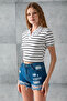Women's Polo Neck Striped Cotton T-Shirt White Black - 25795 - 7