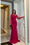Women's Stretchy Crepe Fabric Sleeves Tulle and Stone Detailed Front Draped Maxi Length Fish Evening Dress