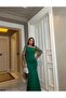 Women's Stretchy Crepe Fabric Sleeves Tulle and Stone Detailed Front Draped Maxi Length Fish Evening Dress - 3