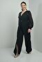 Women's V-Neck Front Single Button Sleeves Chiffon Half Lined Large Size Crepe Jumpsuit - 2