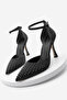 Black Satin Livon Stiletto - Pointed Toe and Ankle Strap Stone Detailed High Heels