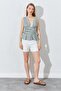 Women's Khaki Front Back V Waist Draped Peplum Blouse - 5