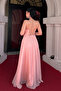 Glitter Tulle Fabric Back Drawstring Evening Dress - Powder - 5