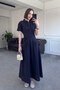 Magarde Special Series Linen Dress with Pleated Waist - Dark Blue