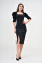 Crepe Shoulder Detail Square Neck Midi Length Black Evening Dress 026 - 4