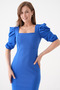 Women's Flexible Crepe Fabric Shoulder Detail Square Collar Midi Length Blue Dress 026 - 2