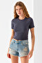 Women's Crew Neck Crop T-Shirt with Accessories Anthracite - 25792