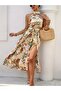 Women's Off-The-Shoulder Halter Neck Slit Floral Patterned Single Jersey Dress