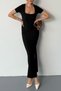 Summer Ottoman Fabric Square Neck Short Sleeve Slit Detail Black Long Dress - 6