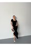 Summer Ottoman Fabric Square Neck Short Sleeve Slit Detail Black Long Dress - 8