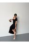 Summer Ottoman Fabric Square Neck Short Sleeve Slit Detail Black Long Dress - 4