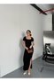 Summer Ottoman Fabric Square Neck Short Sleeve Slit Detail Black Long Dress - 9