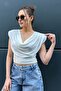 Padded Shoulder Flexible Sandy Fabric Degaje Collar Crop Ecru Blouse 8113 - 4