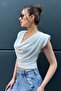 Padded Shoulder Flexible Sandy Fabric Degaje Collar Crop Ecru Blouse 8113 - 5