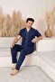 Men's Indigo Blue Front Buttoned Short Sleeve Six Long Combed Cotton Knitted Fabric Summer Pajama Set