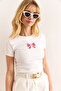 Women's White Sequin Bow Detailed Slim Ribbed Crop Blouse Blz-19002989 - 4