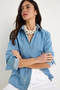 Women's Baby Blue Pearl Stone Embroidered Washed Denim Shirt 60171038 - 5