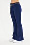 Navy Blue Flare Metal Ring Belted Fabric Trousers - 4