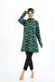 Women's Black Green Patterned Full Covered Quick Drying Long Sleeve Tights Bonneted Swimsuit - 2