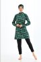 Women's Black Green Patterned Full Covered Quick Drying Long Sleeve Tights Bonneted Swimsuit
