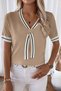 Women's College Style Stripe V-Neck Polo Style Mink Blouse - 4