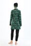 Women's Black Green Patterned Full Covered Quick Drying Long Sleeve Tights Bonneted Swimsuit - 3