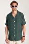 Men's Relax Fit Apaş Collar Rustic Fabric Pocket Short Sleeve Comfortable Cut Green Shirt - 4