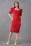 Women's Design Stretch Fabric Slit Detail Square Neck Short Sleeve Midi Length Red Dress 026 - 4