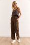 Women's Brown Elastic Waist Front Stitched Washed Buckle Linen Trousers Pnt-19000342 - 4