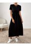 Women's Short Sleeve Crew Neck Waist Lace up Viscose Dress with Pockets - 3