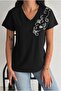 Women's Black Gray Flower Sequin Sequin Embroidered 100% Cotton Short Sleeve T-Shirt S-M-L - 5