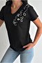 Women's Black Gray Flower Sequin Sequin Embroidered 100% Cotton Short Sleeve T-Shirt S-M-L - 3