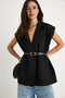 Women's Black Pocket Detailed Belted Padded Oversize Lined Blazer Vest 11143 60281003 - 4