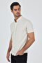 Men's Ecru Short Sleeve Knitted Buttoned Collar Cotton Slim Fit Shirt 1004250155_609 - 3