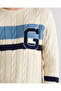 Men's Cream Relaxed Fit Crew Neck Color Block Knit Sweater - 5