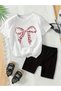 Girl Pink Ribbon Printed White T-Shirt-Black Short Leggings Set - 2