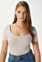 Women Favor Lux Touch Soft Texture U-Neck Beige Blouse - 7