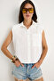 Women's White Padded Thick Strap Linen Textured Cotton Shirt G28-4912 60283351 - 5