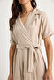 Women's Beige Double Breasted Collar Belted Short Sleeve Summer Dress 6570 60283354 - 5
