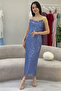 Women's Strapless Beaded Midi Length Evening Dress Indigo, Navy Blue - 3