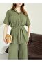 Belted Gokd Button Long Shirt and Pants Linen Fabric Suit - 2