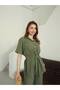 Belted Gokd Button Long Shirt and Pants Linen Fabric Suit - 4