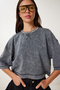Stone Detailed Washed Cotton Knitted T-Shirt Anthracite Lhc0014 - 2