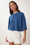 Stone Detailed Washed Cotton Knitted T-Shirt Dark Blue Lhc0014